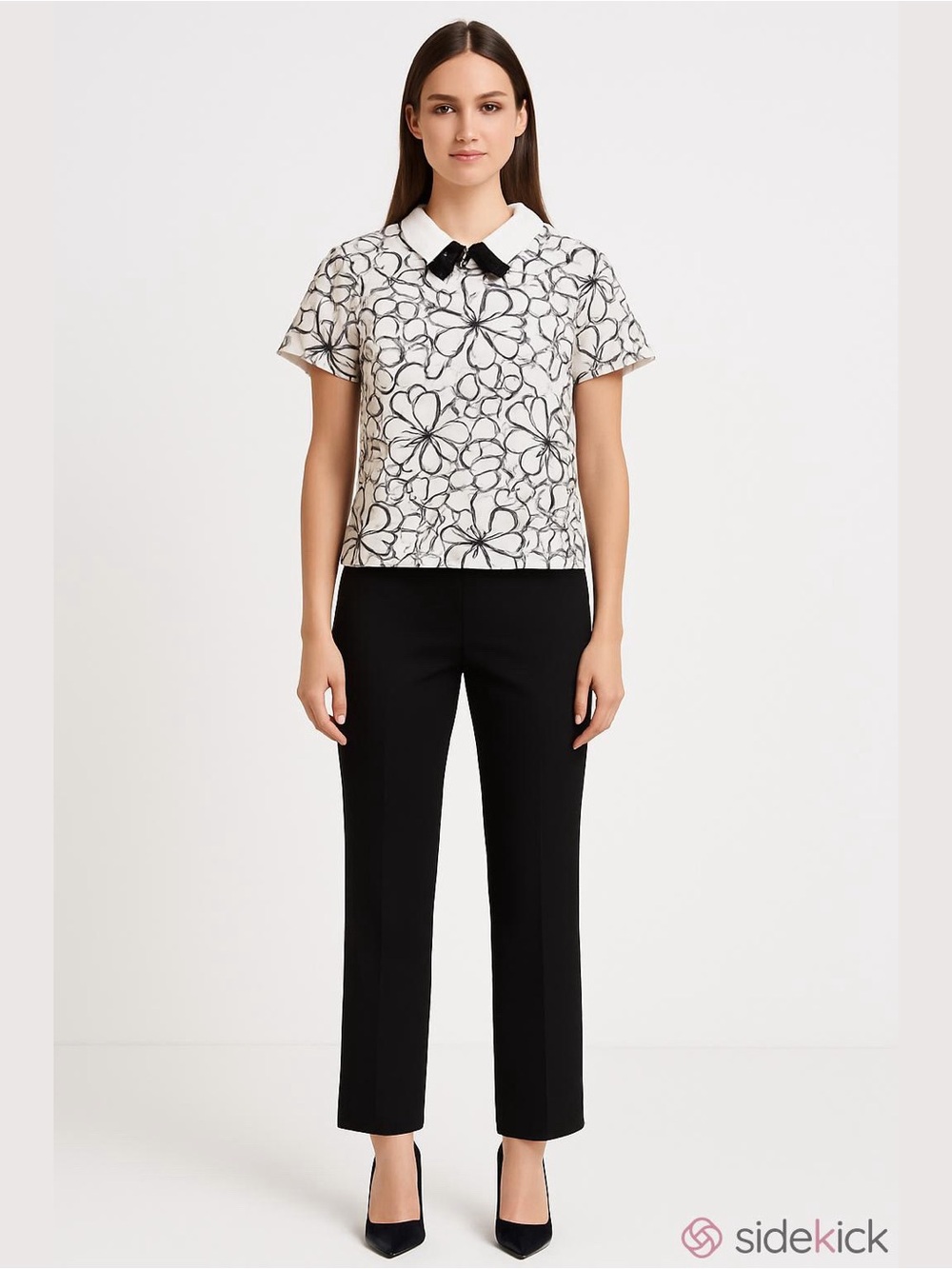 Karl Lagerfeld Paris Floral Lace Bow Collar Blouse Top White Black Size 12